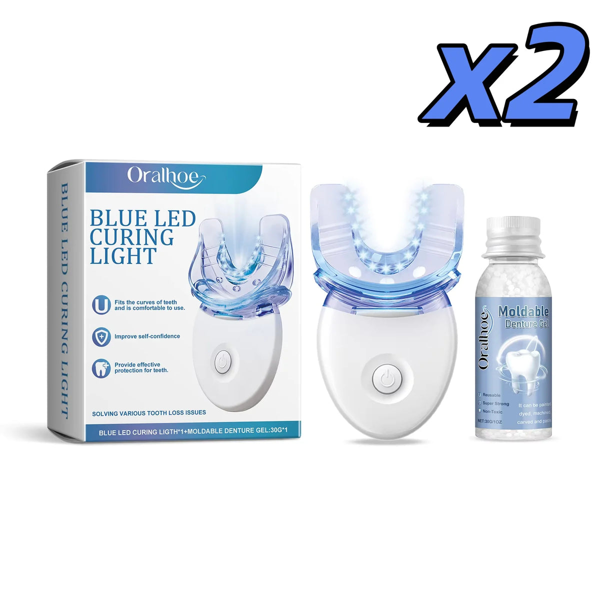 Kit de blanchiment des dents 2 en 1 avec lumière LED bleue, gel dentaire moulable, élimination des taches de café, appareil de soins bucco-dentaires portable pour la maison et les voyages
