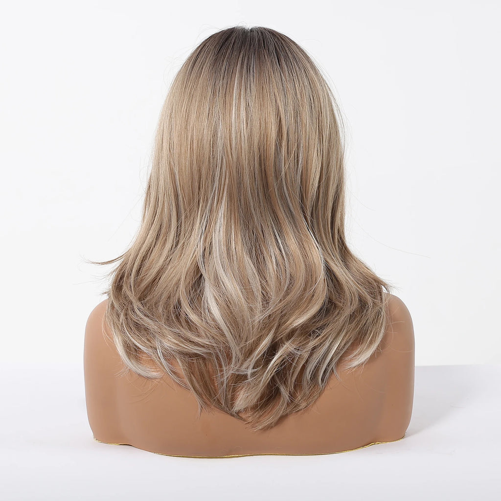 Perruques synthétiques à reflets blonds et bruns, perruque ondulée naturelle de longueur moyenne avec raie centrale, résistantes à la chaleur pour femmes, Cosplay quotidien