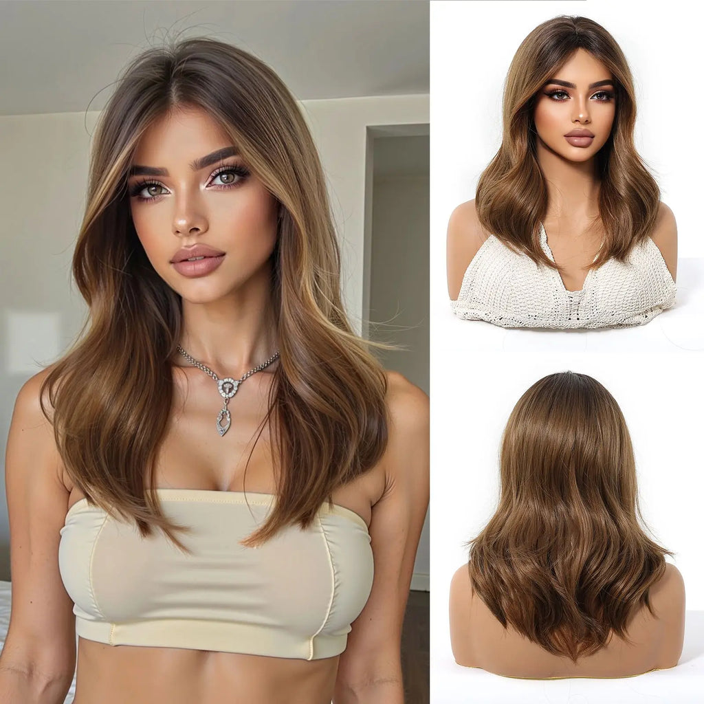 Perruques synthétiques à reflets blonds et bruns, perruque ondulée naturelle de longueur moyenne avec raie centrale, résistantes à la chaleur pour femmes, Cosplay quotidien