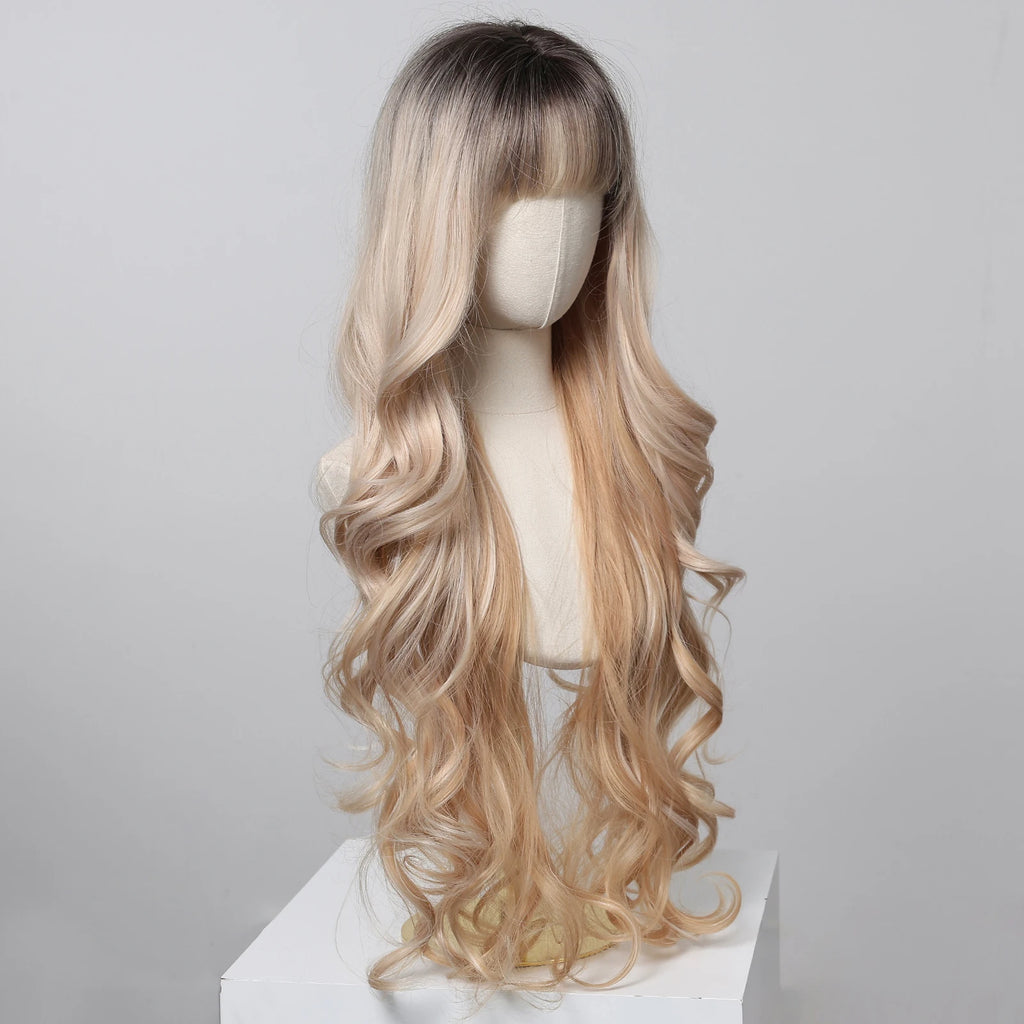Perruques synthétiques ondulées blondes ombrées avec frange pour femmes, perruque synthétique Super longue à reflets platine naturels, résistante à la chaleur pour Cosplay quotidien