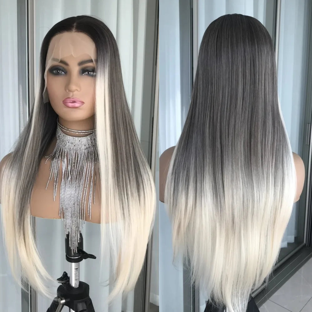 Perruque Lace Front Wig synthétique lisse à reflets blond platine, perruque Lace Frontal Wig 13x4 pouces pour femmes, perruque de couleur Blonde pré-épilée
