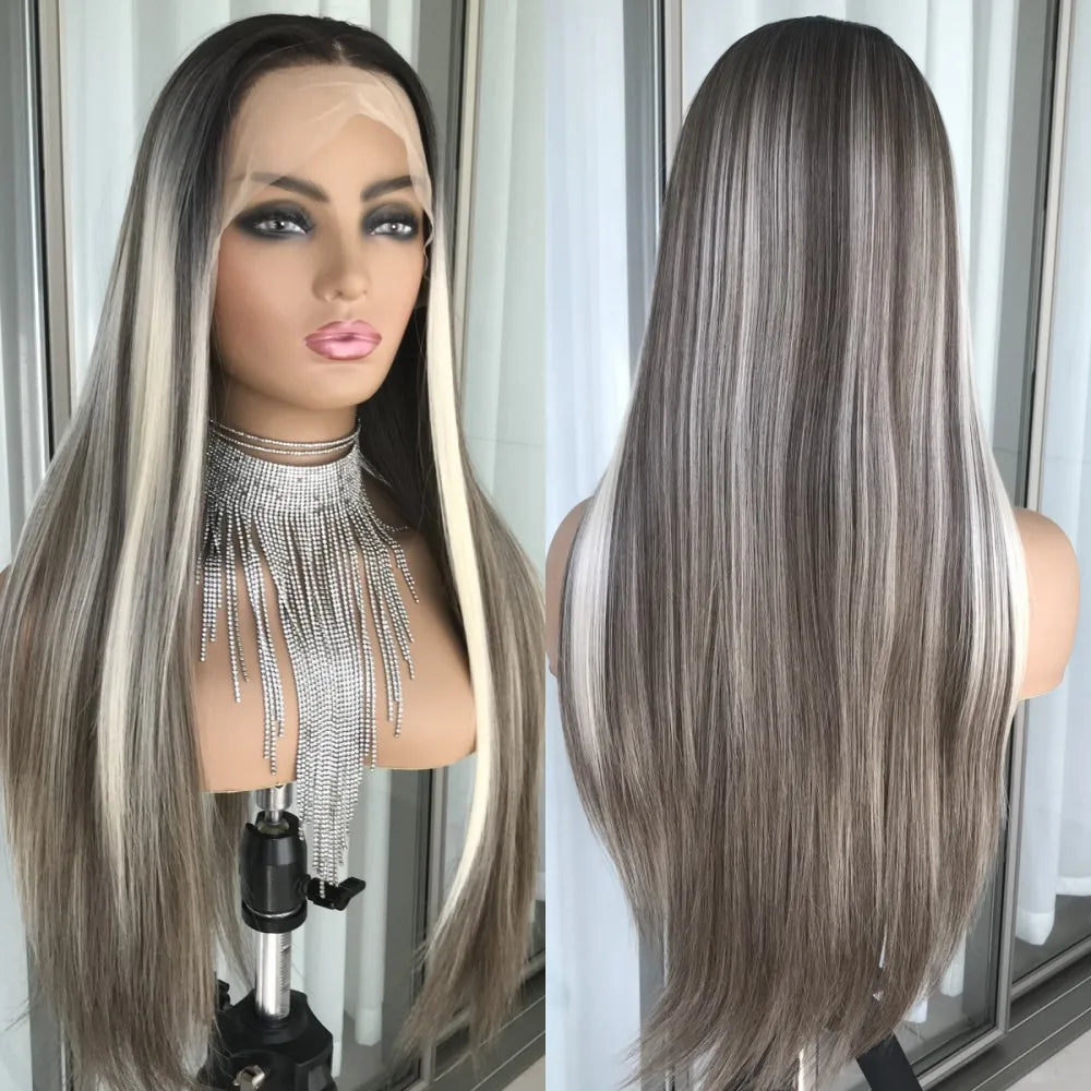Perruque Lace Front Wig synthétique lisse à reflets blond platine, perruque Lace Frontal Wig 13x4 pouces pour femmes, perruque de couleur Blonde pré-épilée