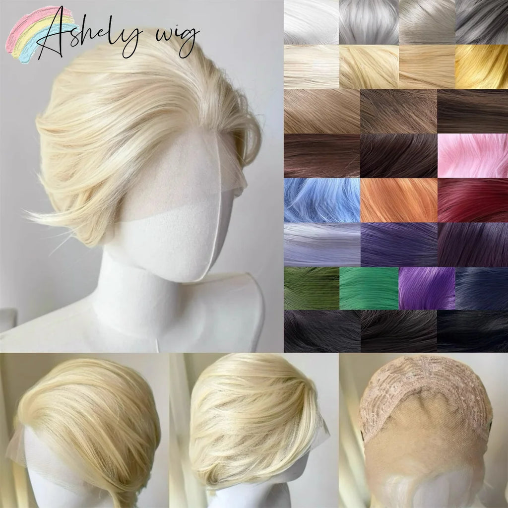 Perruque Lace Front Wig synthétique courte Blonde pour hommes, 13x4, cheveux de haute qualité, plusieurs couleurs disponibles