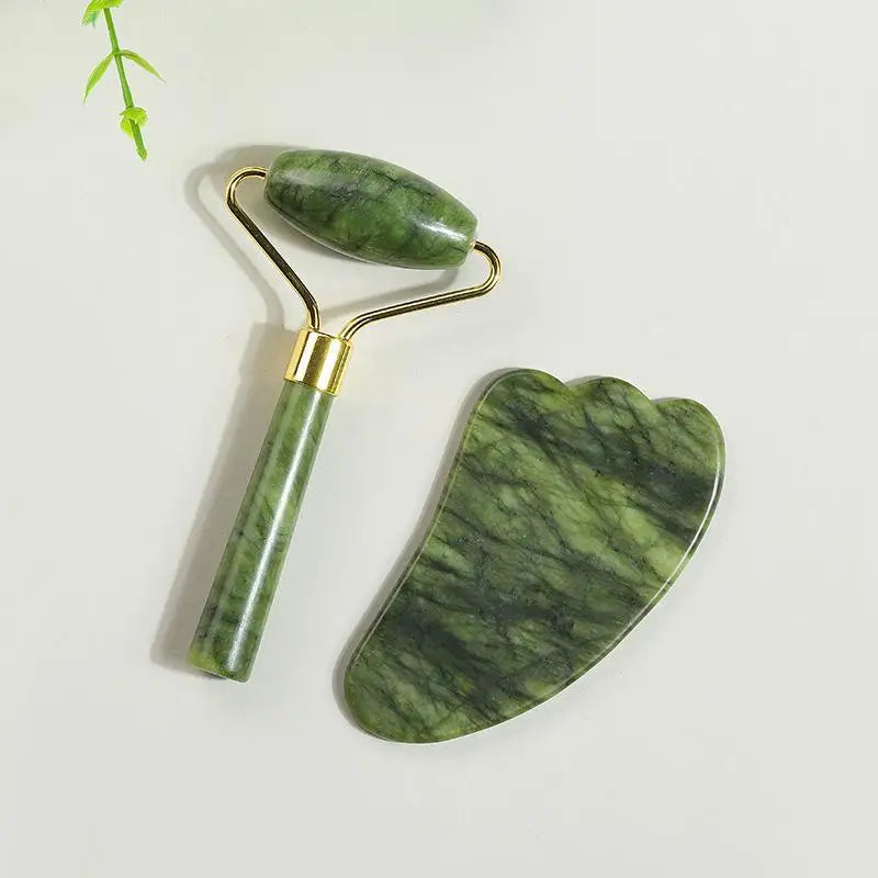 Ensemble de rouleaux de jade naturel et Gua Sha, massager facial artisanal en jade véritable pour le soin du visage, du cou et des yeux, 1/2 pièces