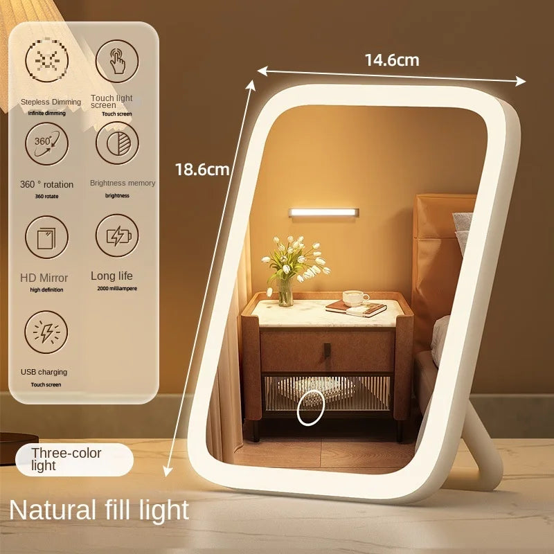 Petit miroir de lumière de remplissage de bureau LED, miroir de maquillage avec lumière, miroir de coiffeuse de chambre de fille, miroir de vanité à 3 lumières de couleur