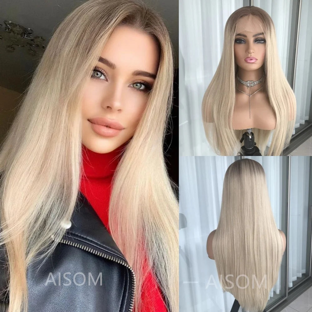 Perruque Lace Front Wig synthétique lisse à reflets blond platine, perruque Lace Frontal Wig 13x4 pouces pour femmes, perruque de couleur Blonde pré-épilée