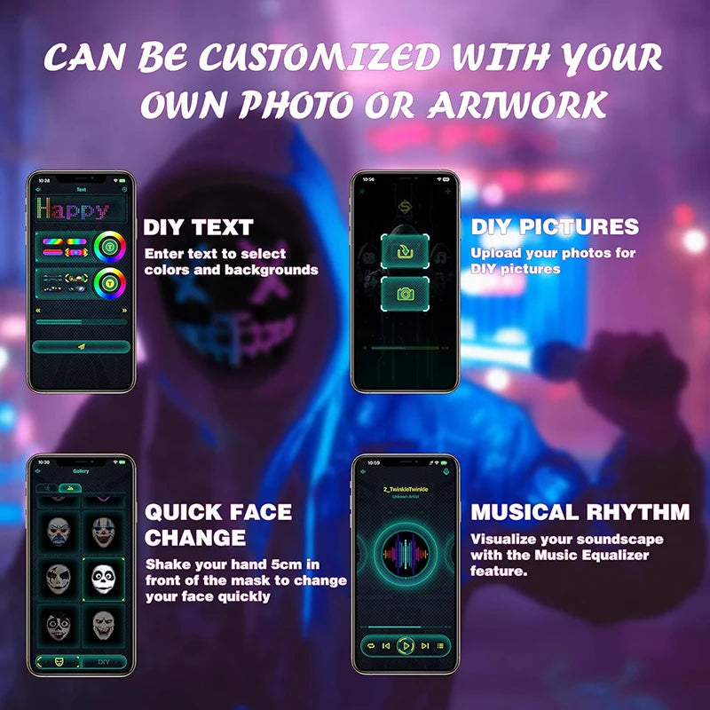 Masque LED avec contrôle par application Bluetooth, visage programmable, transformant, masque LED d'Halloween lumineux