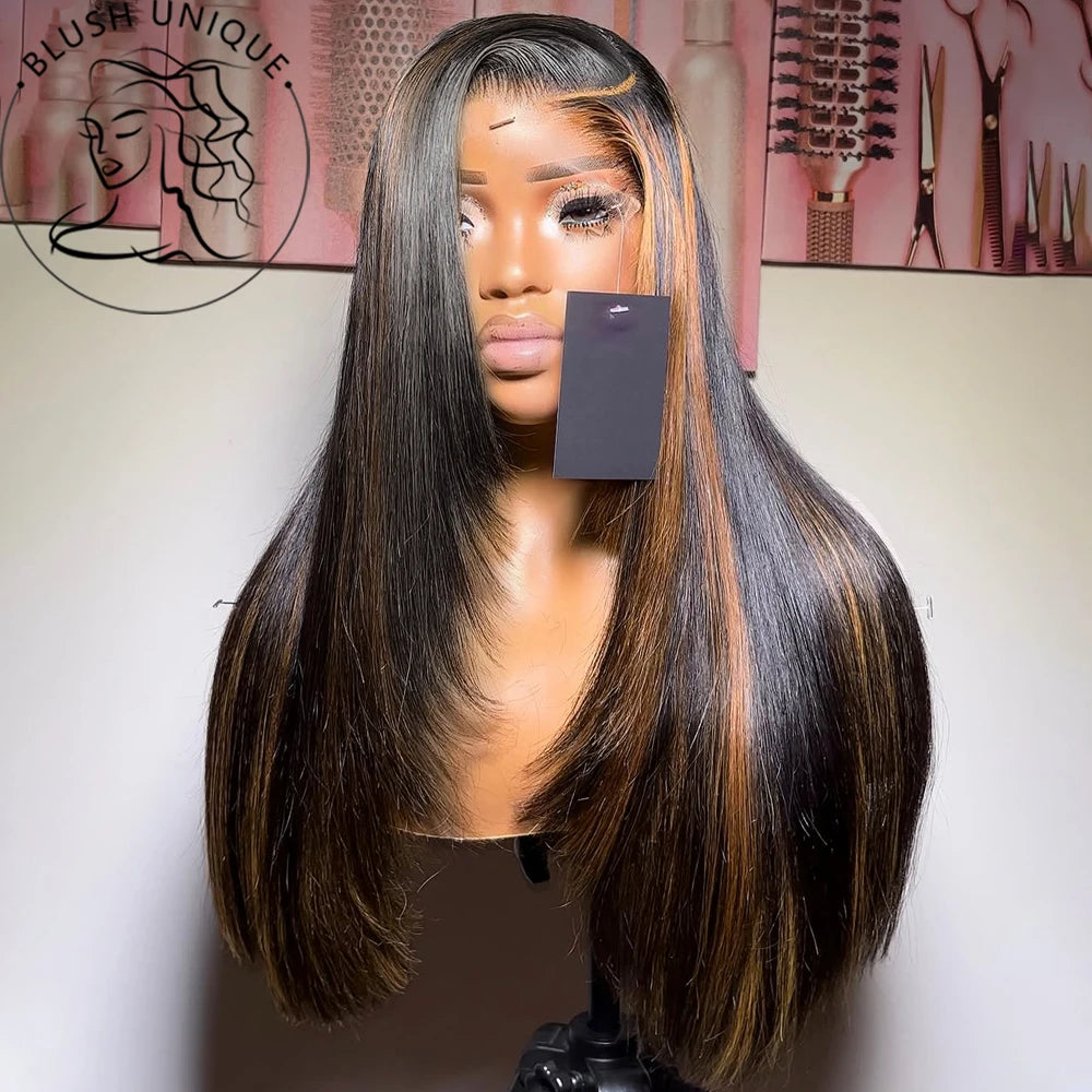 Perruque Lace Front Wig synthétique lisse HD, perruques superposées marron rougeâtre, coupe superposée, coupe de cheveux papillon rouge cuivre, sans colle