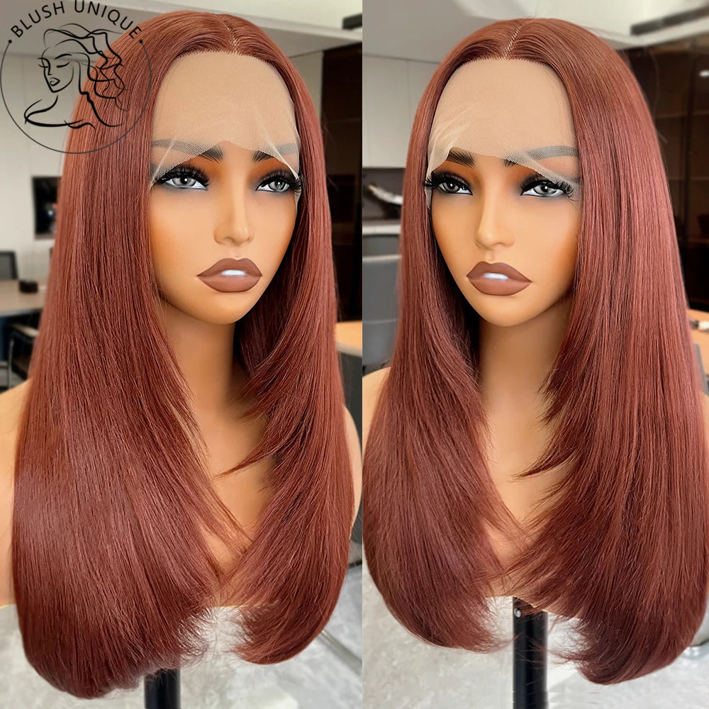 Perruque Lace Front Wig synthétique lisse HD, perruques superposées marron rougeâtre, coupe superposée, coupe de cheveux papillon rouge cuivre, sans colle