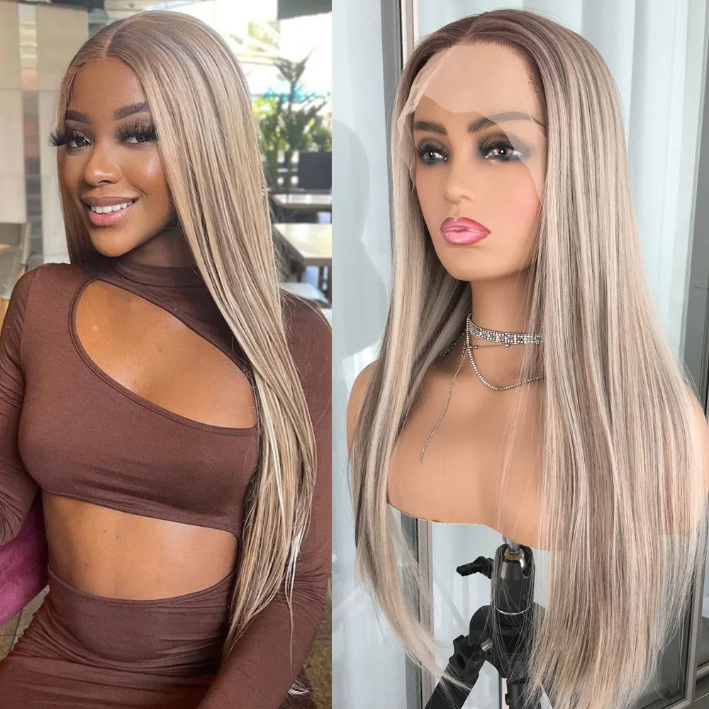 Perruque Lace Front Wig synthétique lisse à reflets blond platine, perruque Lace Frontal Wig 13x4 pouces pour femmes, perruque de couleur Blonde pré-épilée