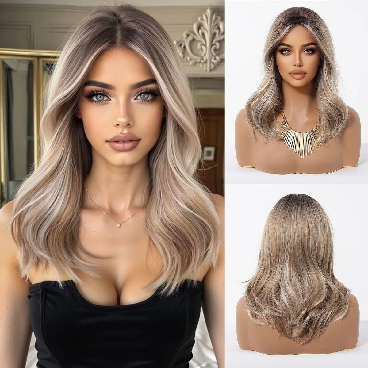 Perruques synthétiques à reflets blonds et bruns, perruque ondulée naturelle de longueur moyenne avec raie centrale, résistantes à la chaleur pour femmes, Cosplay quotidien