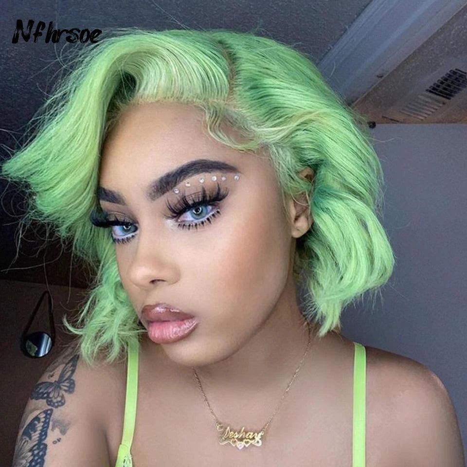 Perruque Lace Front Wig brésilienne naturelle, cheveux courts, coupe Pixie, 13x4, HD, pre-plucked, couleur vert clair, pour femmes