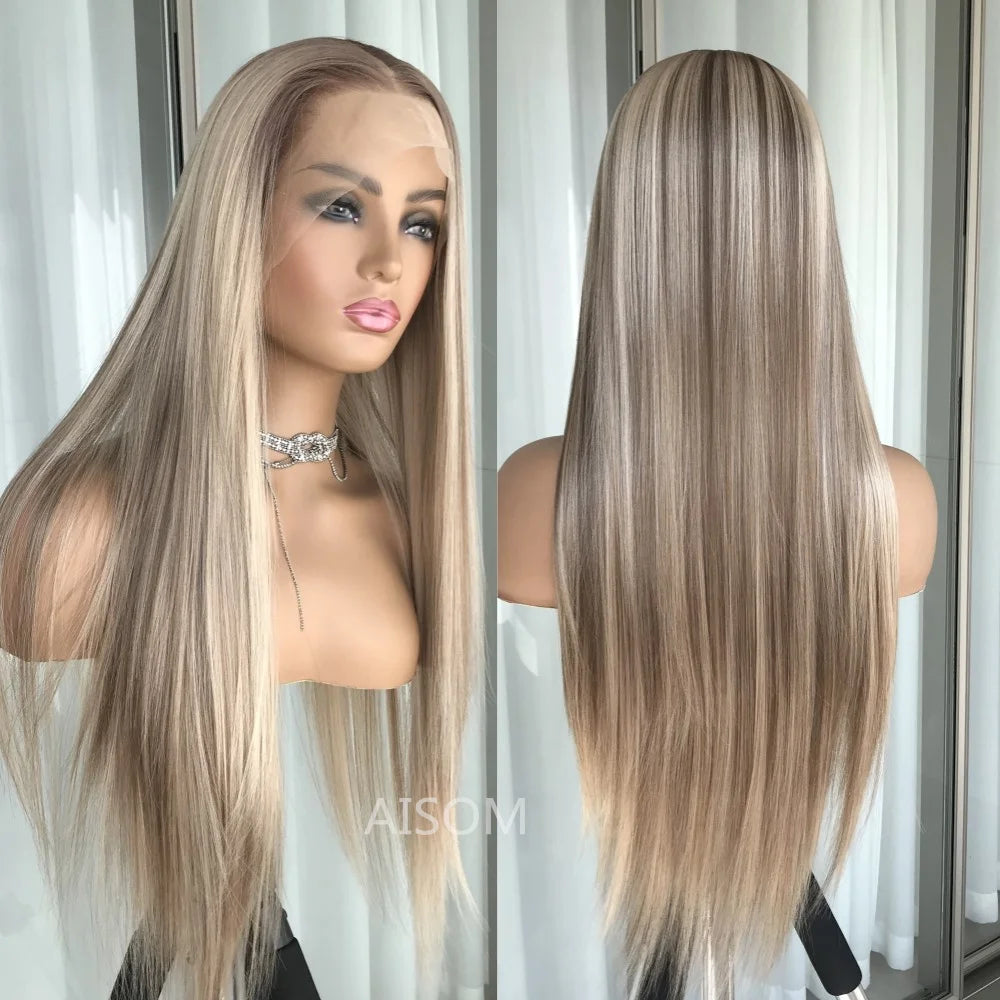 Perruque Lace Front Wig synthétique lisse à reflets blond platine, perruque Lace Frontal Wig 13x4 pouces pour femmes, perruque de couleur Blonde pré-épilée