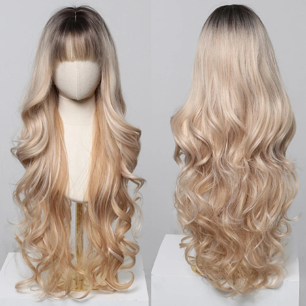 Perruques synthétiques ondulées blondes ombrées avec frange pour femmes, perruque synthétique Super longue à reflets platine naturels, résistante à la chaleur pour Cosplay quotidien