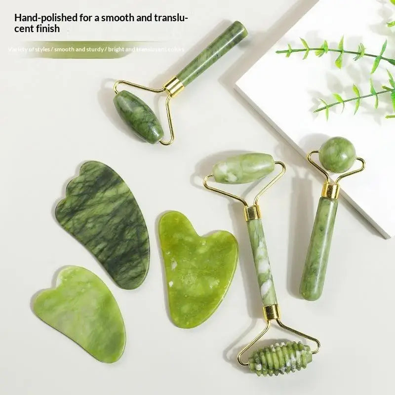 Ensemble de rouleaux de jade naturel et Gua Sha, massager facial artisanal en jade véritable pour le soin du visage, du cou et des yeux, 1/2 pièces