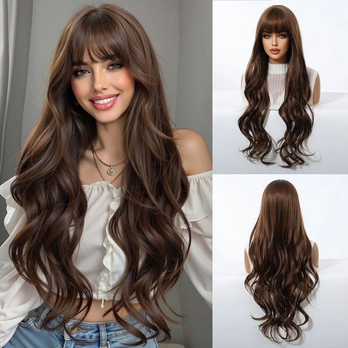 Perruques synthétiques ondulées blondes ombrées avec frange pour femmes, perruque synthétique Super longue à reflets platine naturels, résistante à la chaleur pour Cosplay quotidien