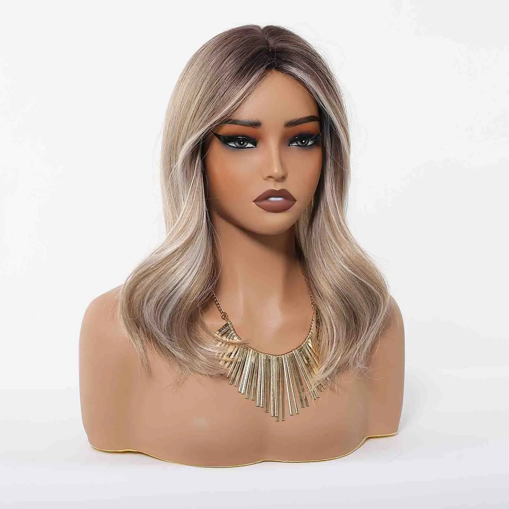 Perruques synthétiques à reflets blonds et bruns, perruque ondulée naturelle de longueur moyenne avec raie centrale, résistantes à la chaleur pour femmes, Cosplay quotidien