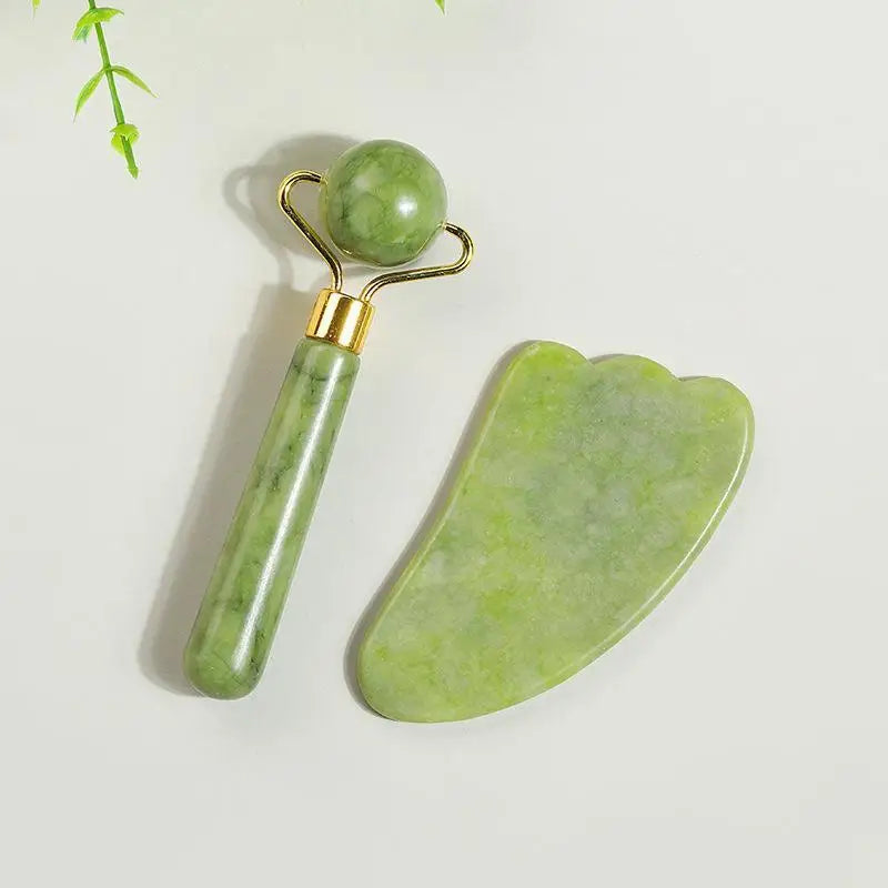Ensemble de rouleaux de jade naturel et Gua Sha, massager facial artisanal en jade véritable pour le soin du visage, du cou et des yeux, 1/2 pièces