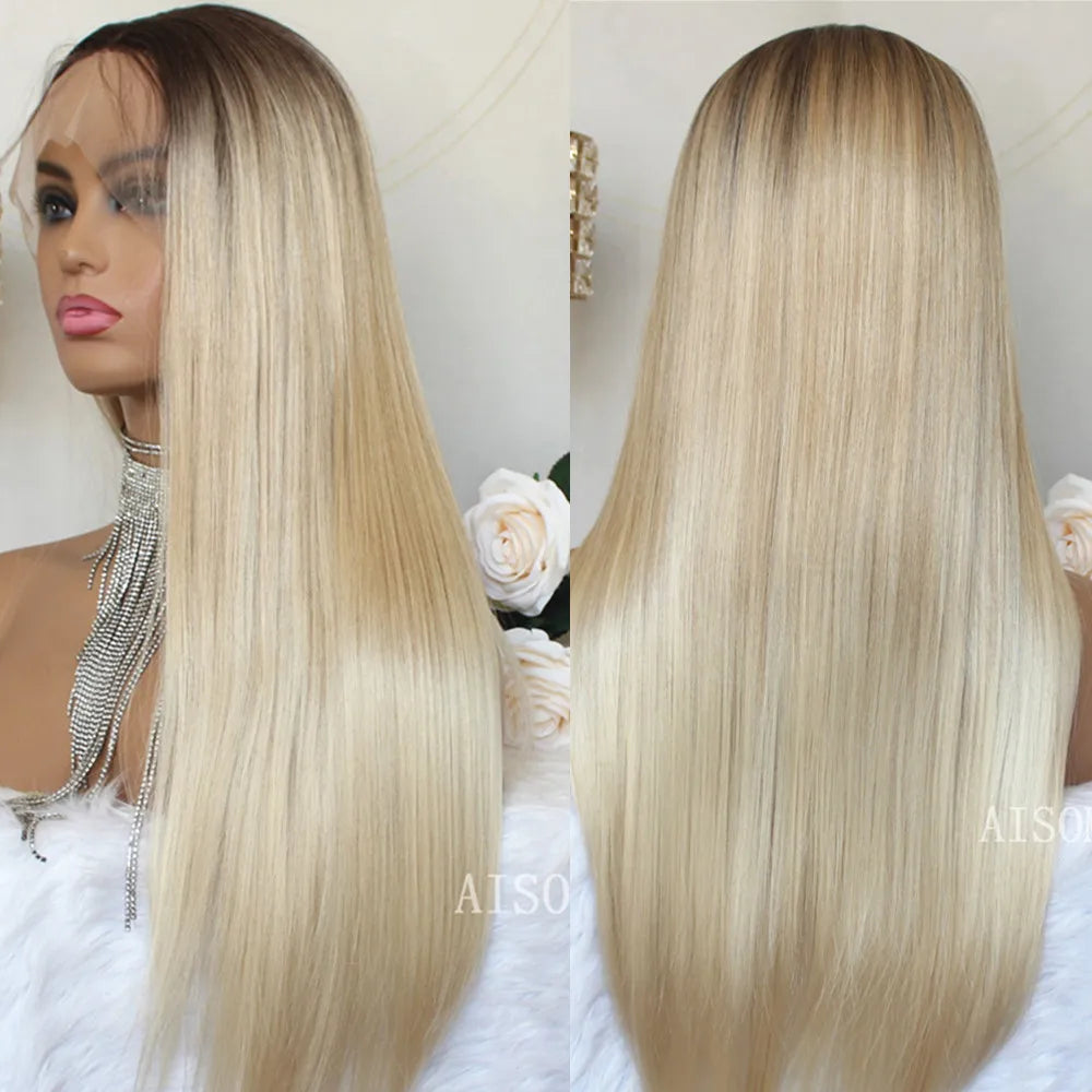 Perruque Lace Front Wig synthétique lisse à reflets blond platine, perruque Lace Frontal Wig 13x4 pouces pour femmes, perruque de couleur Blonde pré-épilée