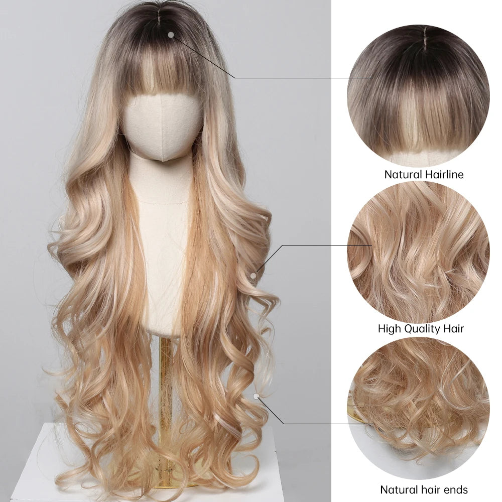 Perruques synthétiques ondulées blondes ombrées avec frange pour femmes, perruque synthétique Super longue à reflets platine naturels, résistante à la chaleur pour Cosplay quotidien