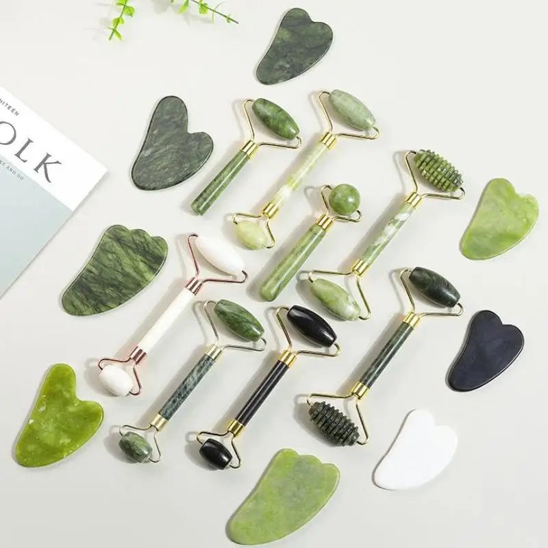 Ensemble de rouleaux de jade naturel et Gua Sha, massager facial artisanal en jade véritable pour le soin du visage, du cou et des yeux, 1/2 pièces