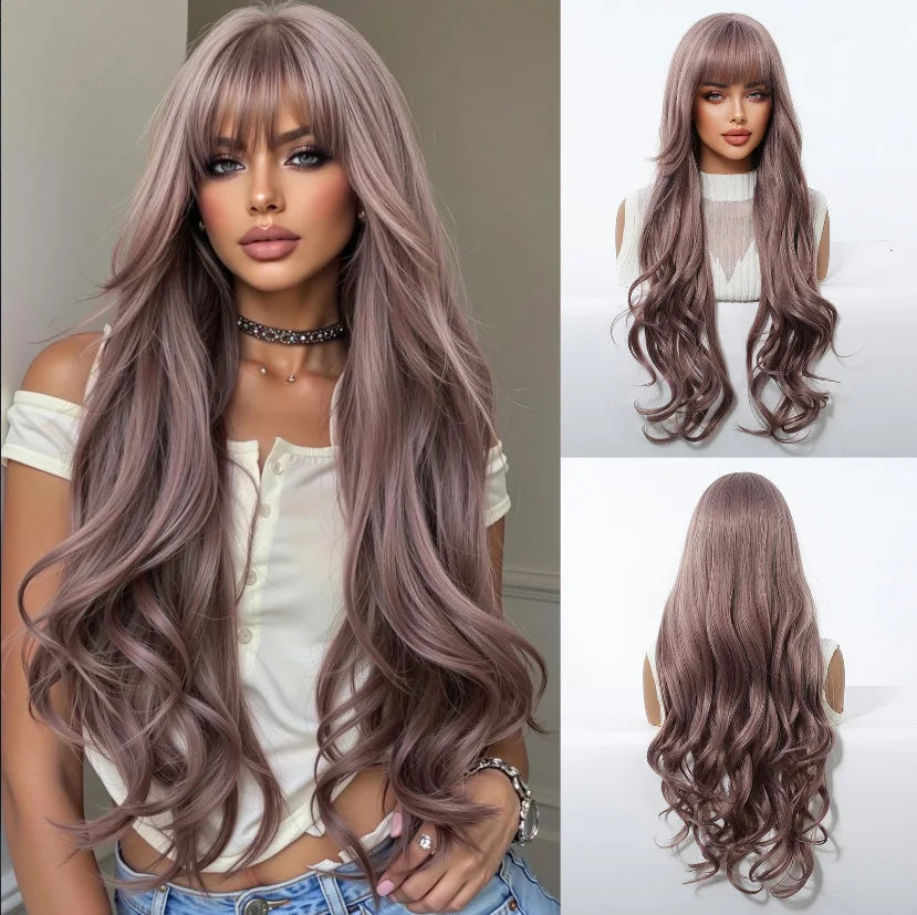 Perruques synthétiques ondulées blondes ombrées avec frange pour femmes, perruque synthétique Super longue à reflets platine naturels, résistante à la chaleur pour Cosplay quotidien
