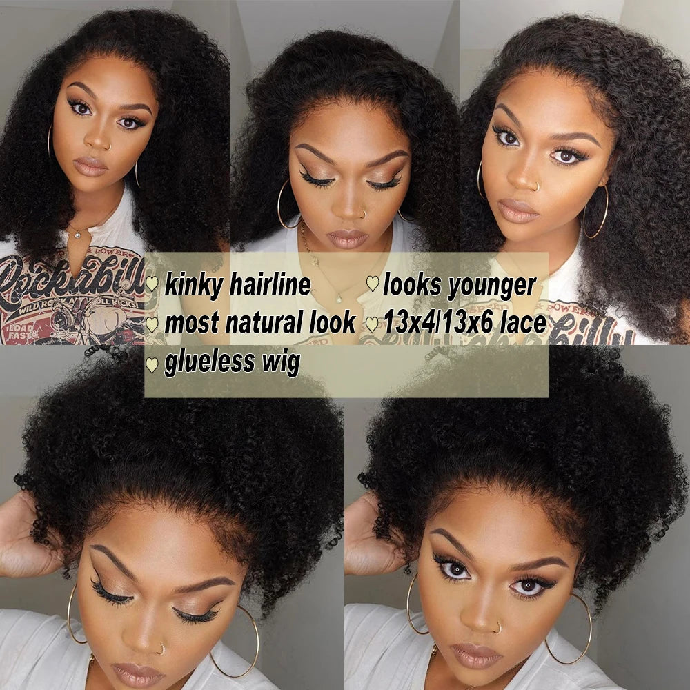 Perruques sans colle en cheveux humains Afro Kinky Curly avec bordures 4C, perruque frontale en dentelle 13x6, prête à porter, avec fermeture en dentelle HD 4x4 pour femmes, pré-épilée