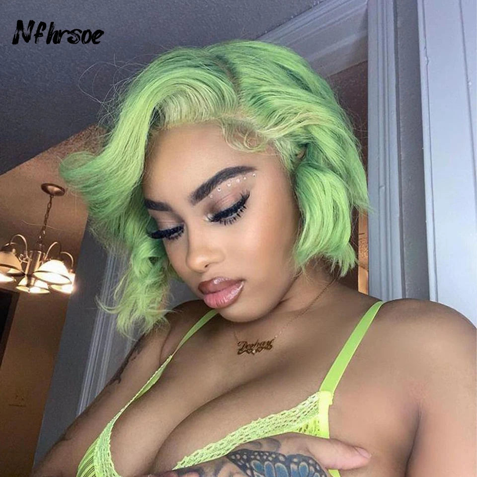 Perruque Lace Front Wig brésilienne naturelle, cheveux courts, coupe Pixie, 13x4, HD, pre-plucked, couleur vert clair, pour femmes