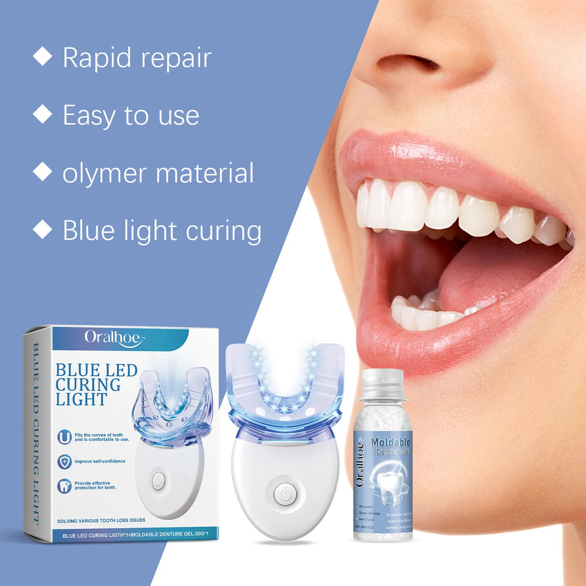 Kit de blanchiment des dents 2 en 1 avec lumière LED bleue, gel dentaire moulable, élimination des taches de café, appareil de soins bucco-dentaires portable pour la maison et les voyages