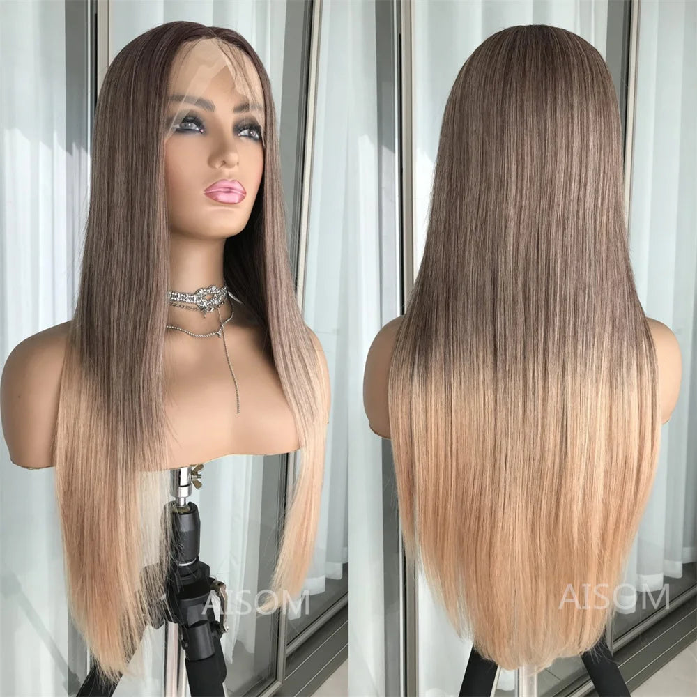 Perruque Lace Front Wig synthétique lisse à reflets blond platine, perruque Lace Frontal Wig 13x4 pouces pour femmes, perruque de couleur Blonde pré-épilée