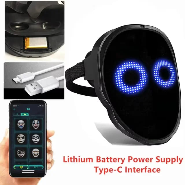 Masque LED avec contrôle par application Bluetooth, visage programmable, transformant, masque LED d'Halloween lumineux
