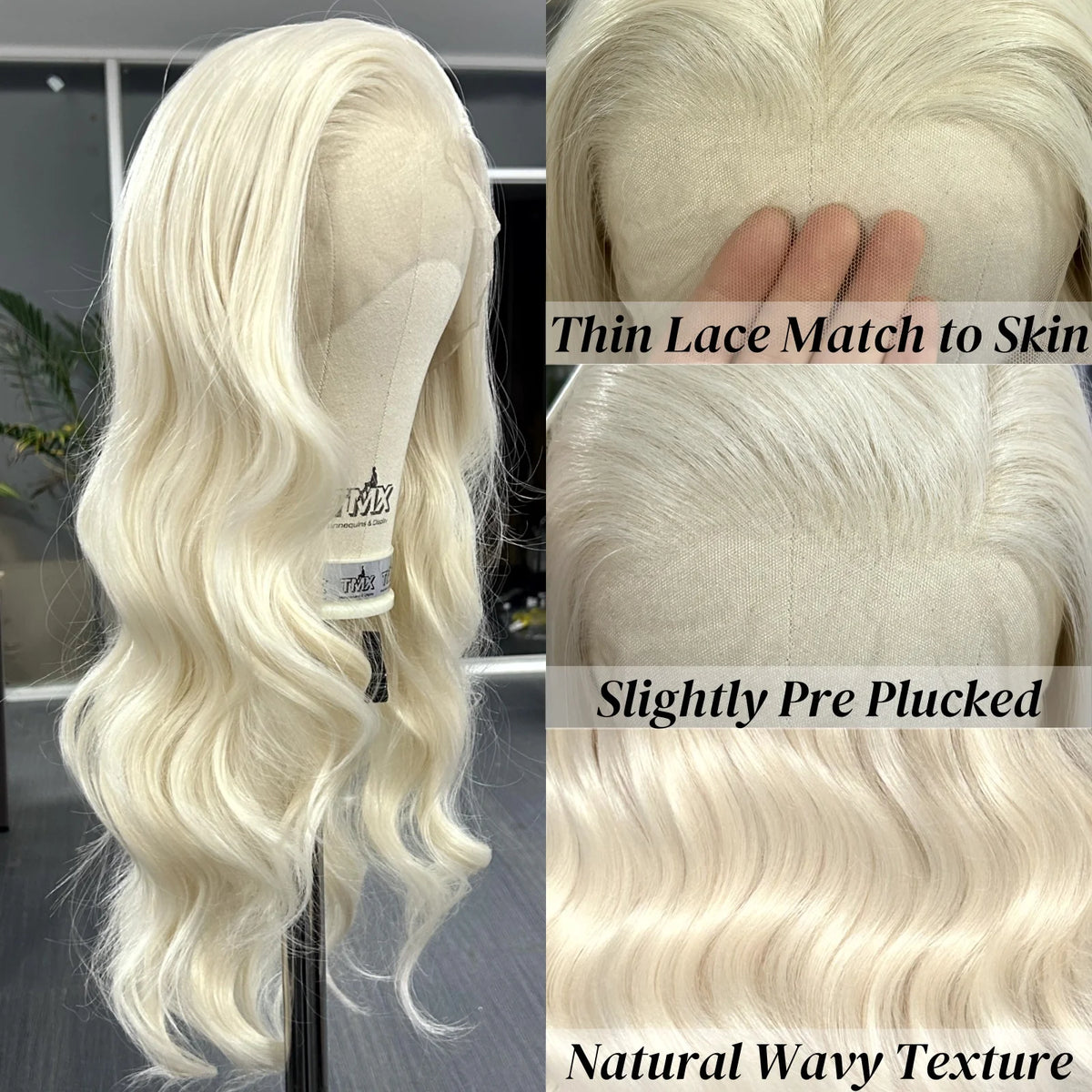 Perruque Lace Front Wig Synthétique Bouclée Naturelle pour Femme, Cheveux Longs et Ondulés, Blond Platine, Partie Libre, At Wave, 13tage, 03/Party Cosplay