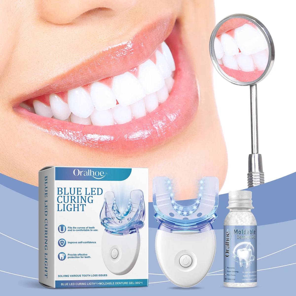 Kit de blanchiment des dents 2 en 1 avec lumière LED bleue, gel dentaire moulable, élimination des taches de café, appareil de soins bucco-dentaires portable pour la maison et les voyages