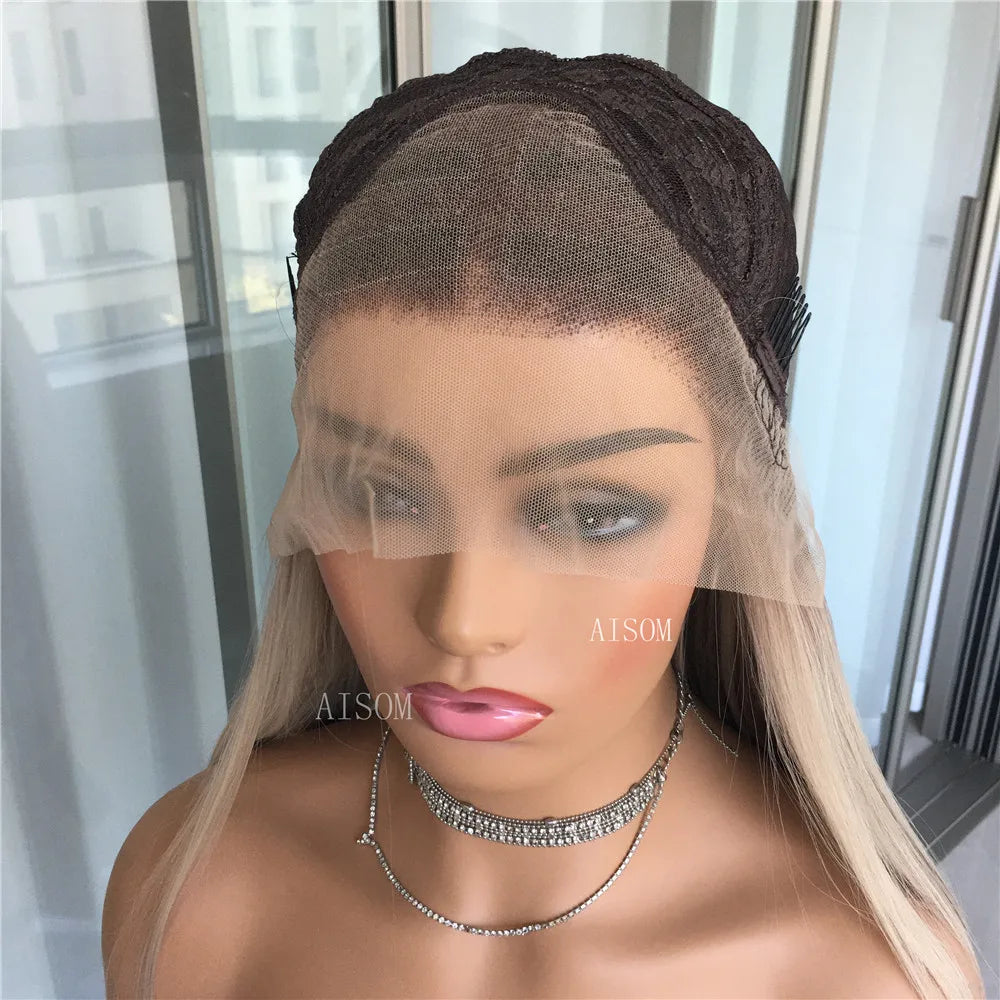 Perruque Lace Front Wig synthétique lisse à reflets blond platine, perruque Lace Frontal Wig 13x4 pouces pour femmes, perruque de couleur Blonde pré-épilée