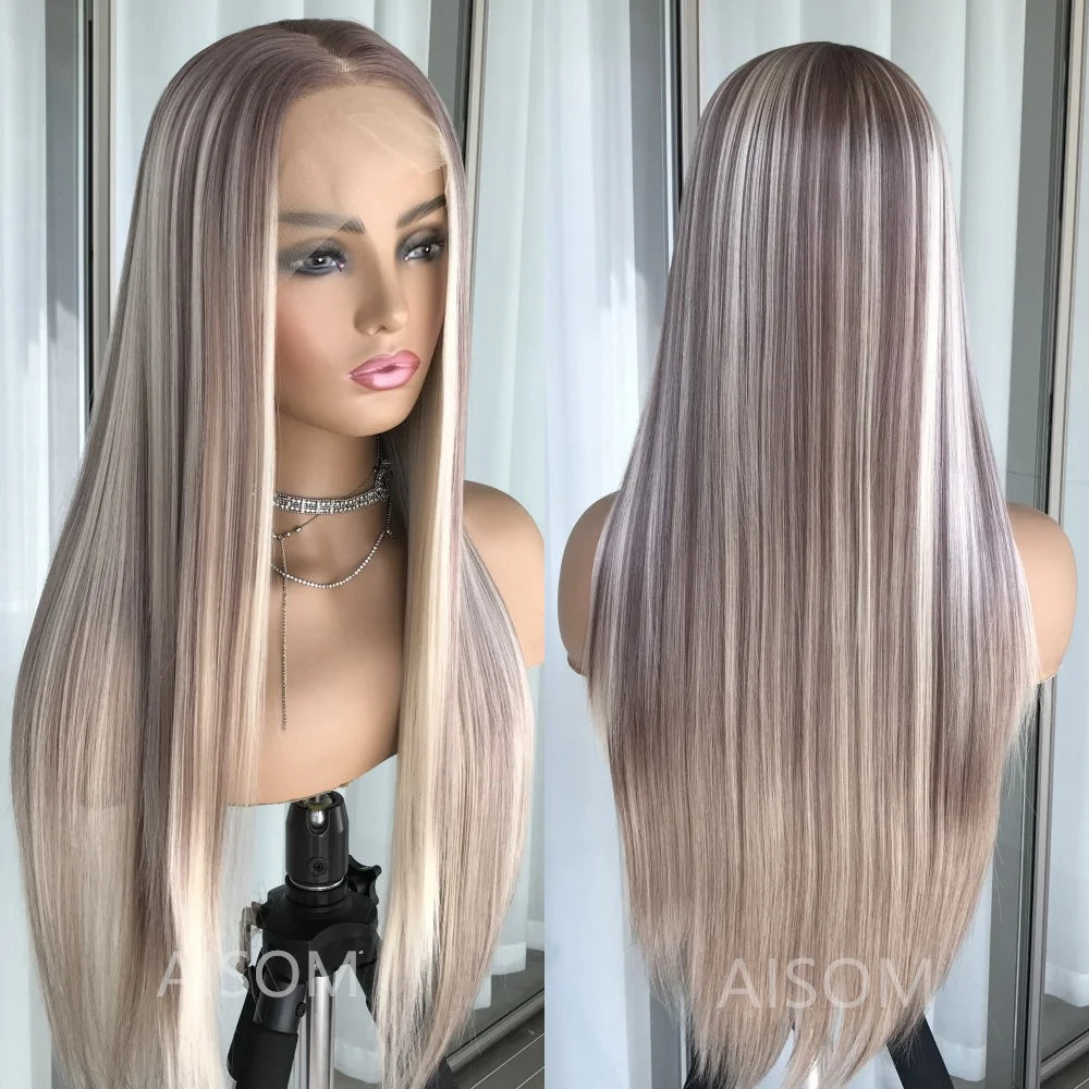 Perruque Lace Front Wig synthétique lisse à reflets blond platine, perruque Lace Frontal Wig 13x4 pouces pour femmes, perruque de couleur Blonde pré-épilée