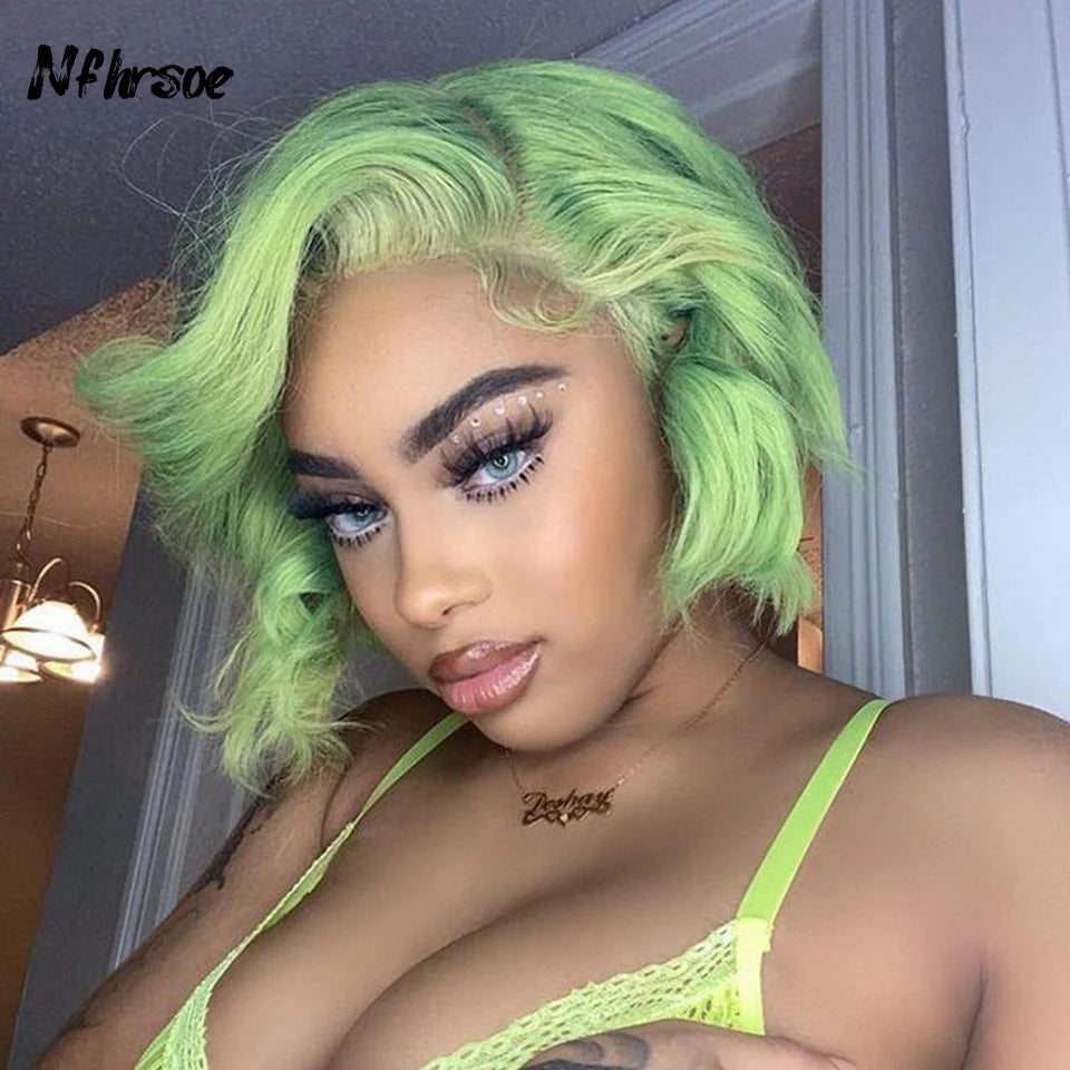 Perruque Lace Front Wig brésilienne naturelle, cheveux courts, coupe Pixie, 13x4, HD, pre-plucked, couleur vert clair, pour femmes