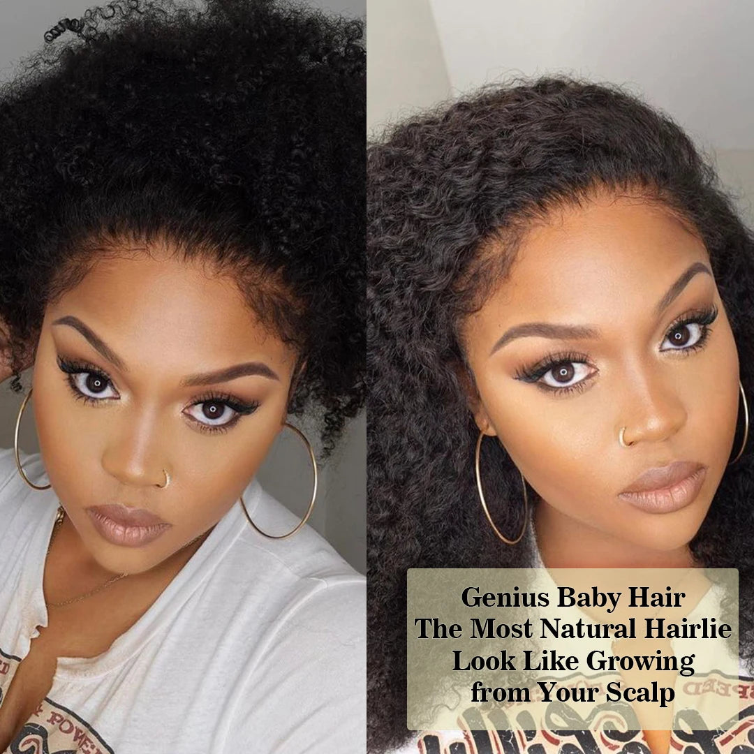Perruques sans colle en cheveux humains Afro Kinky Curly avec bordures 4C, perruque frontale en dentelle 13x6, prête à porter, avec fermeture en dentelle HD 4x4 pour femmes, pré-épilée