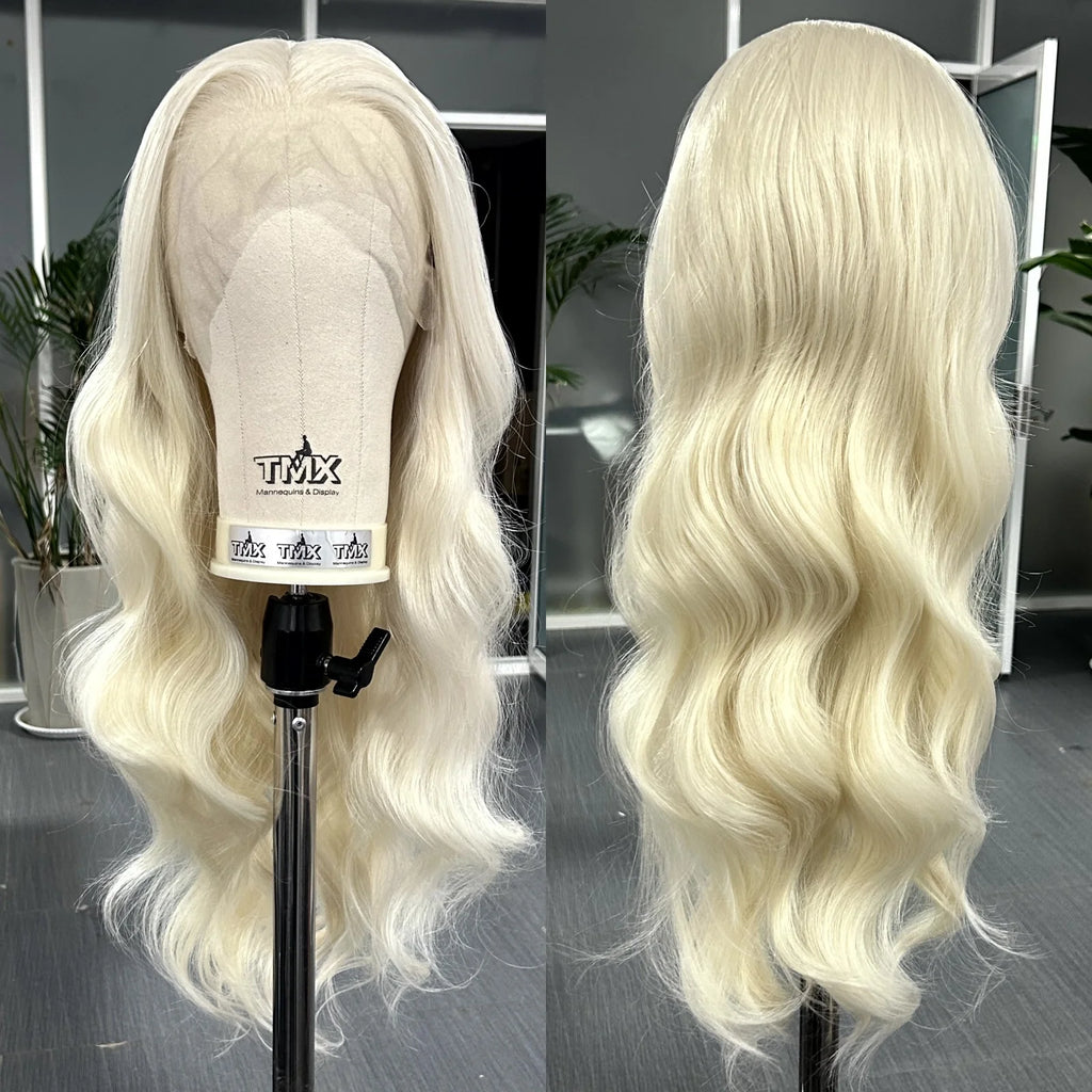 Perruque Lace Front Wig Synthétique Bouclée Naturelle pour Femme, Cheveux Longs et Ondulés, Blond Platine, Partie Libre, At Wave, 13tage, 03/Party Cosplay