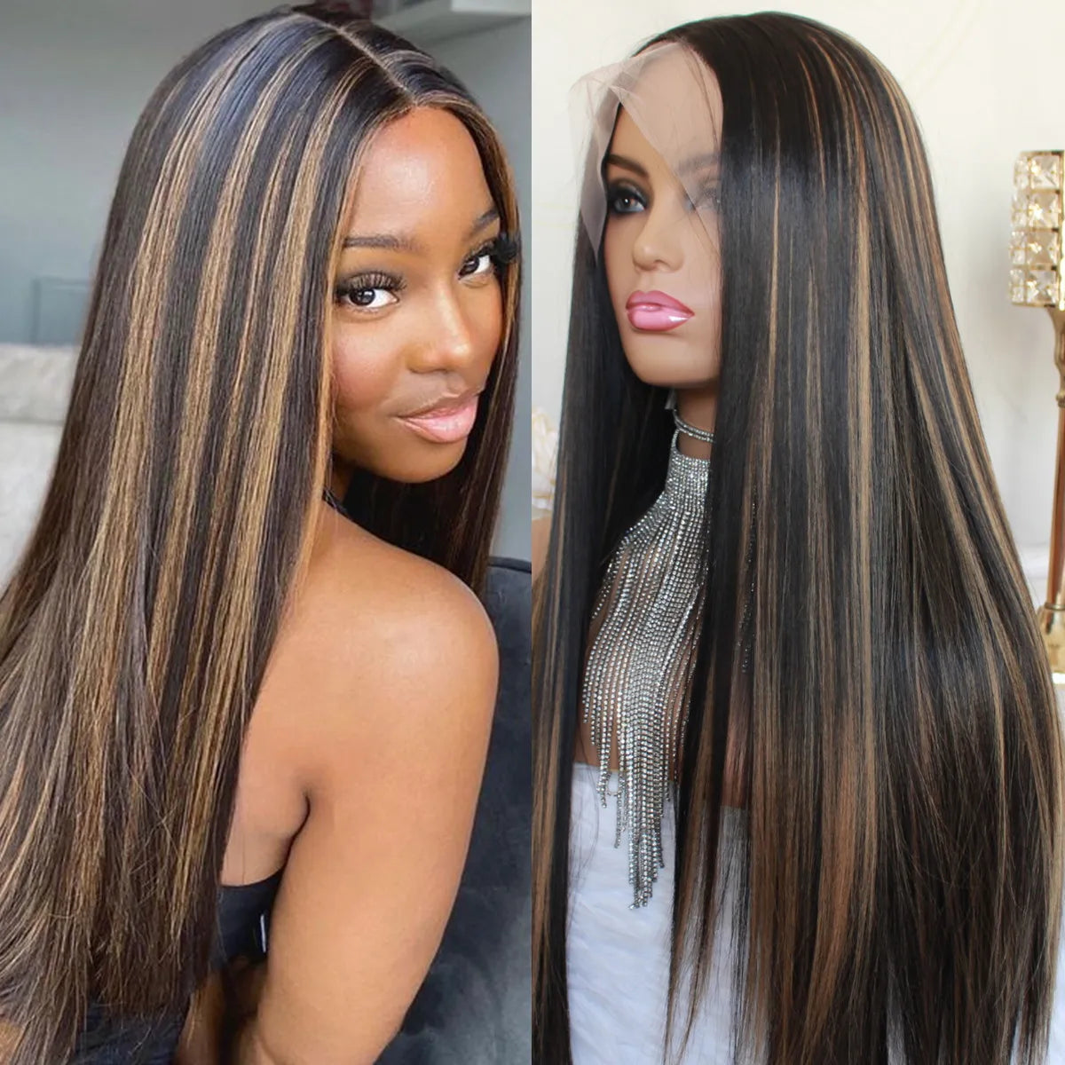 Perruque Lace Front Wig synthétique lisse à reflets blond platine, perruque Lace Frontal Wig 13x4 pouces pour femmes, perruque de couleur Blonde pré-épilée
