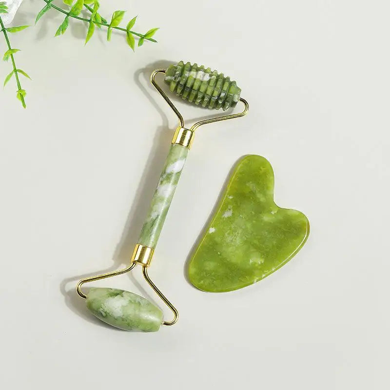 Ensemble de rouleaux de jade naturel et Gua Sha, massager facial artisanal en jade véritable pour le soin du visage, du cou et des yeux, 1/2 pièces