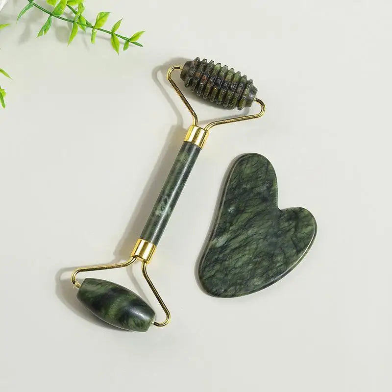 Ensemble de rouleaux de jade naturel et Gua Sha, massager facial artisanal en jade véritable pour le soin du visage, du cou et des yeux, 1/2 pièces