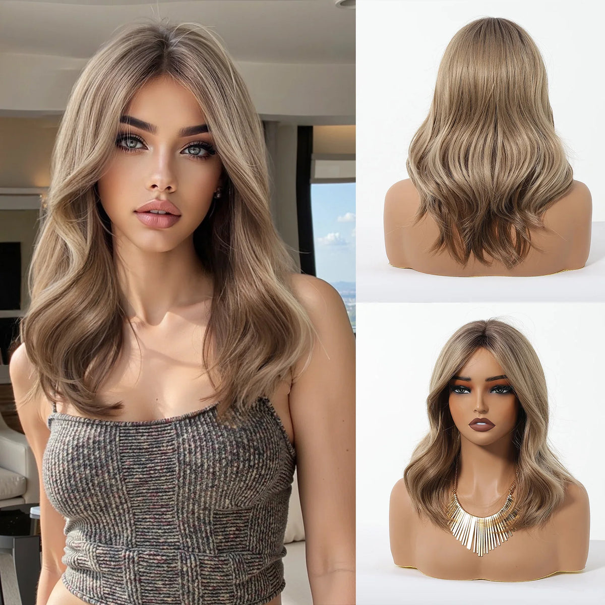 Perruques synthétiques à reflets blonds et bruns, perruque ondulée naturelle de longueur moyenne avec raie centrale, résistantes à la chaleur pour femmes, Cosplay quotidien