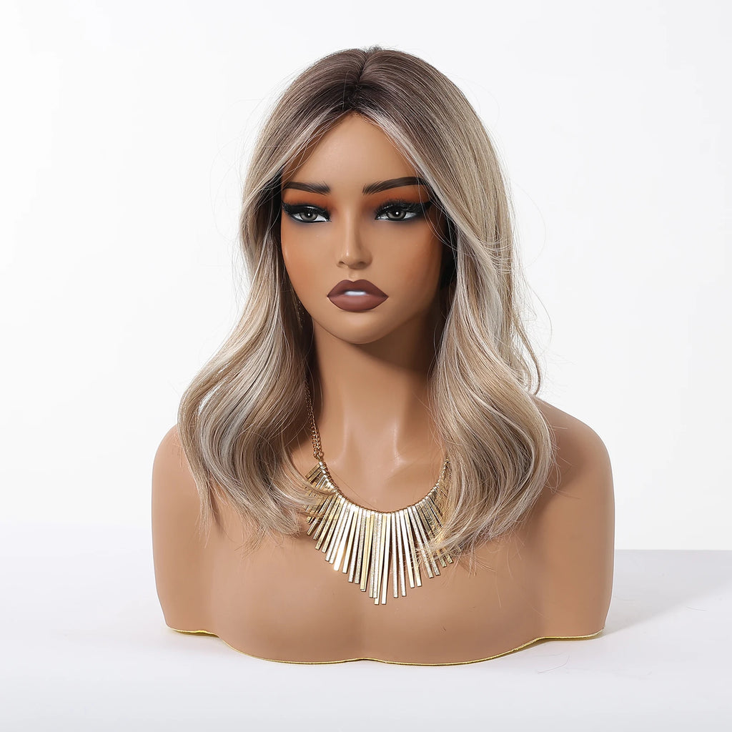 Perruques synthétiques à reflets blonds et bruns, perruque ondulée naturelle de longueur moyenne avec raie centrale, résistantes à la chaleur pour femmes, Cosplay quotidien