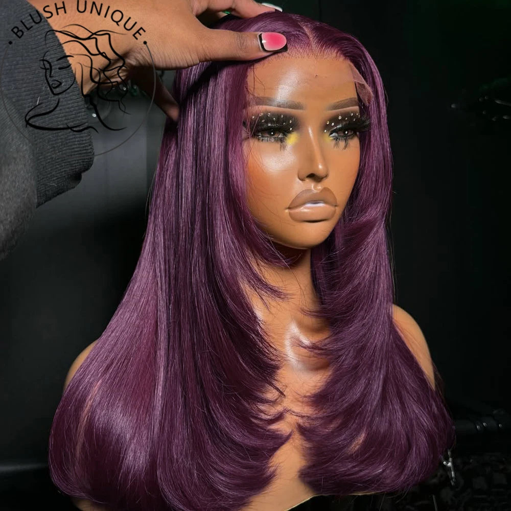 Perruque Lace Front Wig synthétique lisse HD, perruques superposées marron rougeâtre, coupe superposée, coupe de cheveux papillon rouge cuivre, sans colle