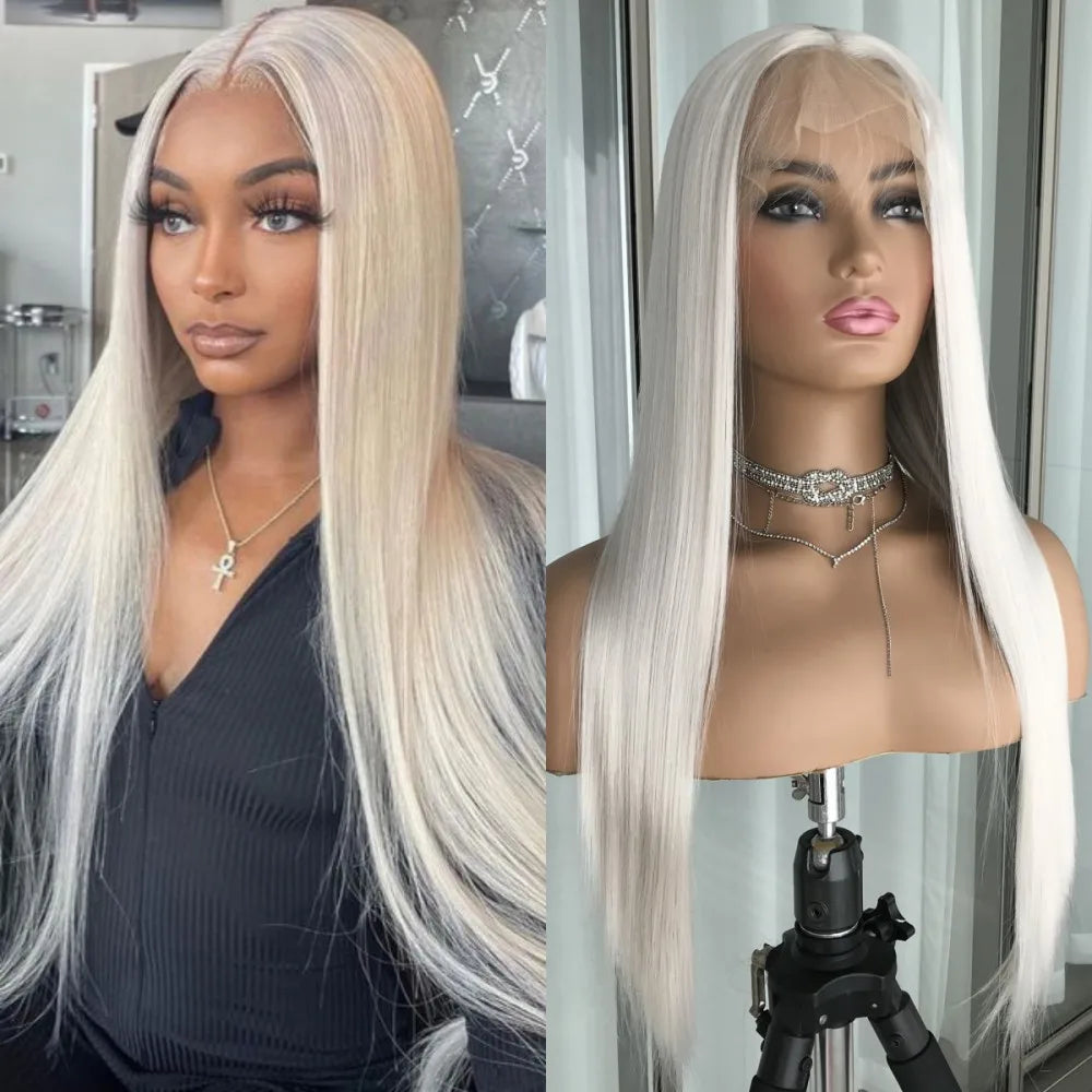 Perruque Lace Front Wig synthétique lisse à reflets blond platine, perruque Lace Frontal Wig 13x4 pouces pour femmes, perruque de couleur Blonde pré-épilée