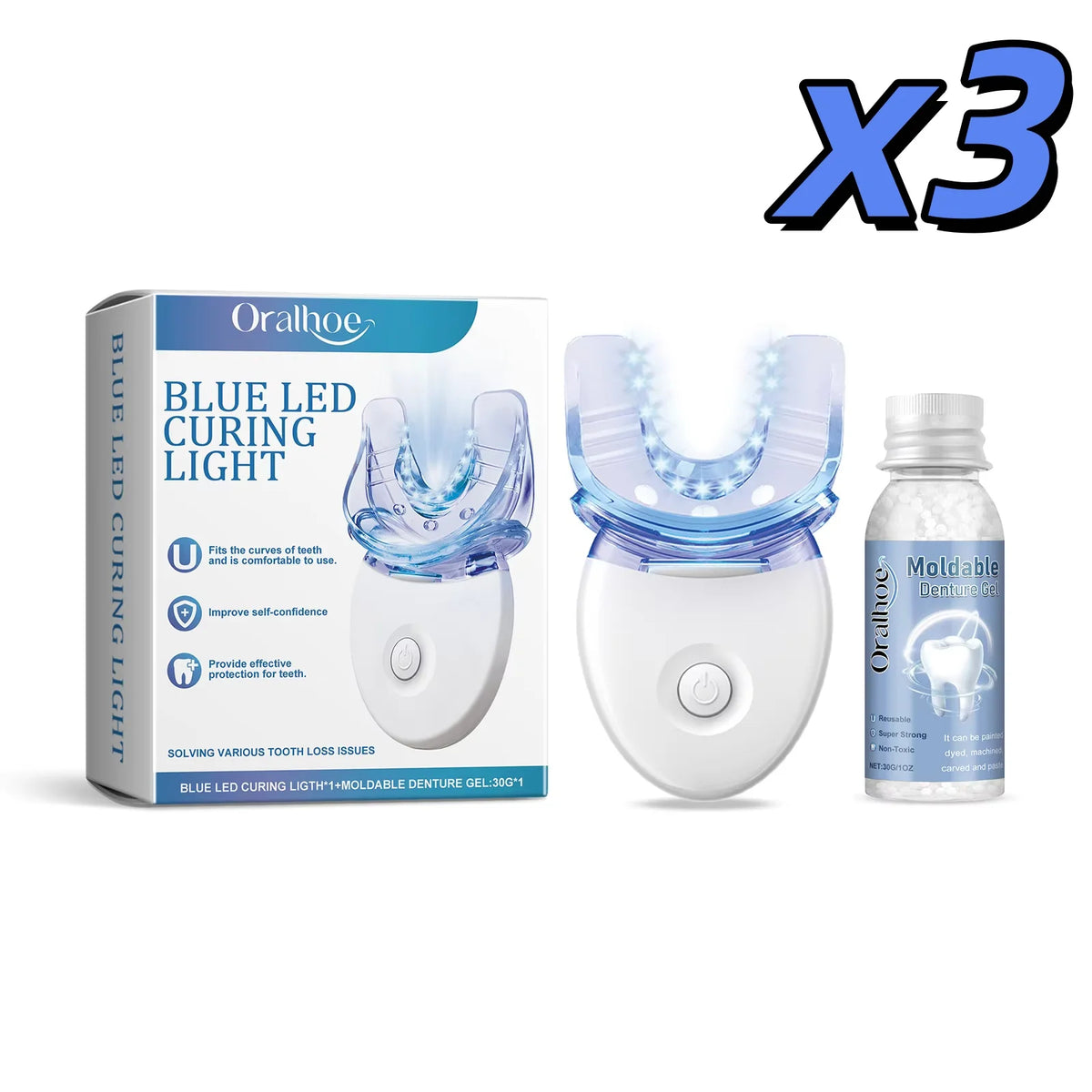 Kit de blanchiment des dents 2 en 1 avec lumière LED bleue, gel dentaire moulable, élimination des taches de café, appareil de soins bucco-dentaires portable pour la maison et les voyages