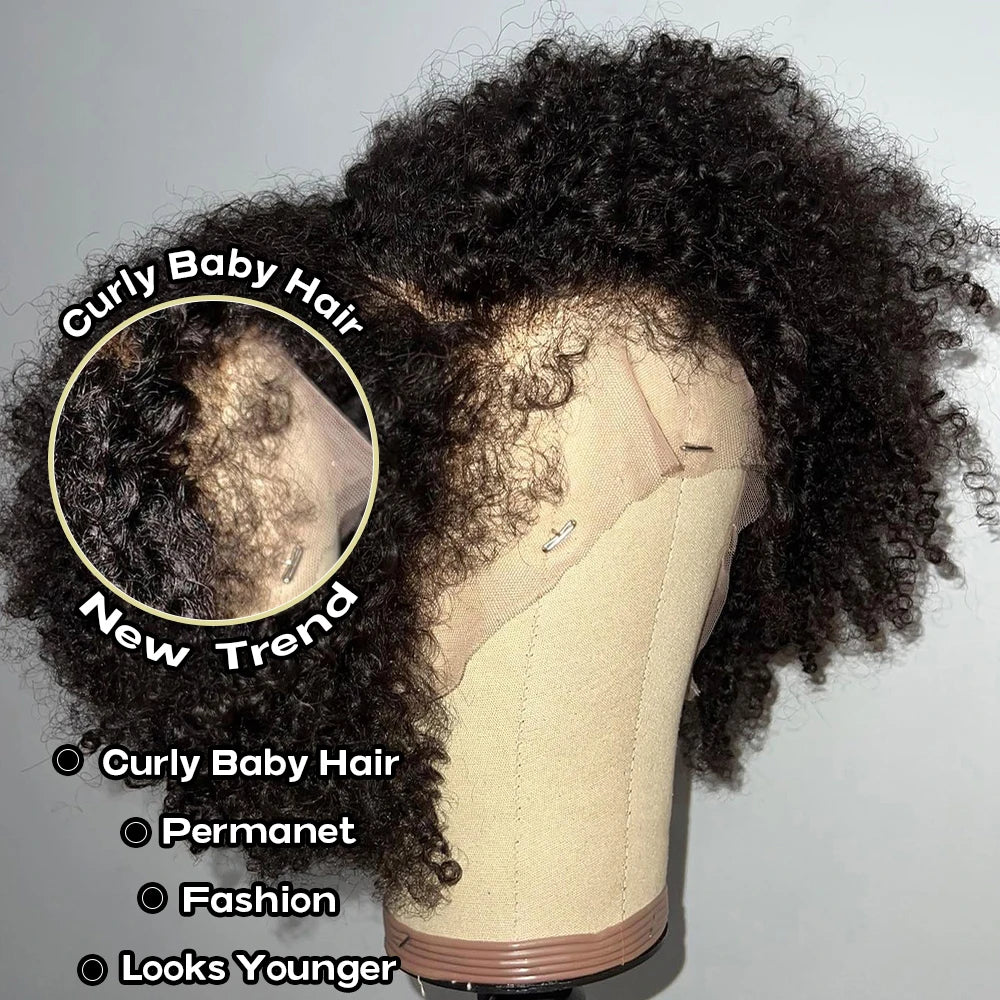 Perruques sans colle en cheveux humains Afro Kinky Curly avec bordures 4C, perruque frontale en dentelle 13x6, prête à porter, avec fermeture en dentelle HD 4x4 pour femmes, pré-épilée