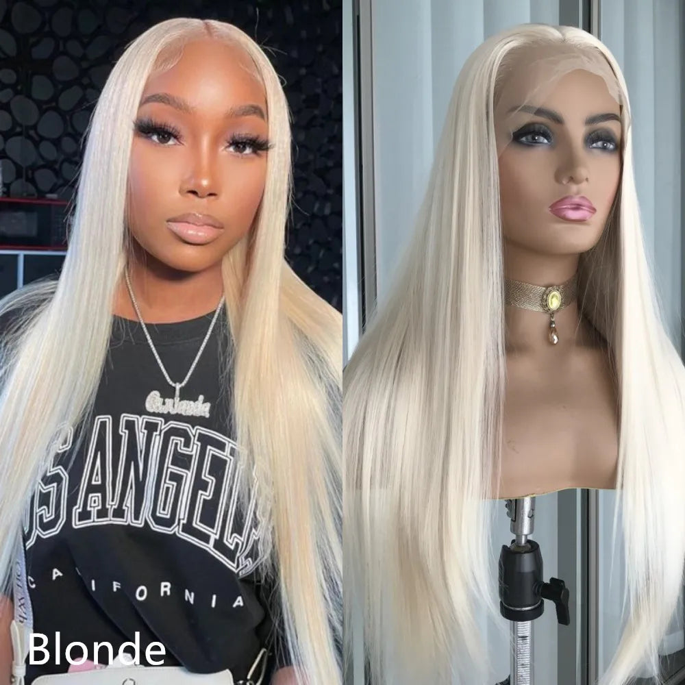 Perruque Lace Front Wig synthétique lisse à reflets blond platine, perruque Lace Frontal Wig 13x4 pouces pour femmes, perruque de couleur Blonde pré-épilée