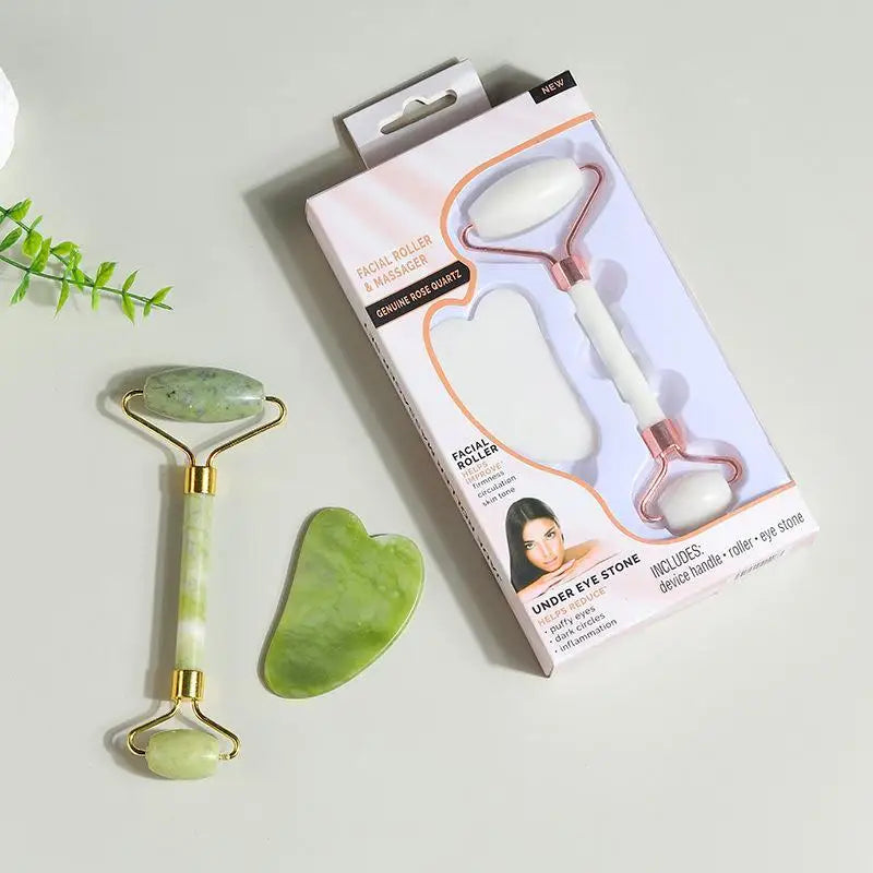 Ensemble de rouleaux de jade naturel et Gua Sha, massager facial artisanal en jade véritable pour le soin du visage, du cou et des yeux, 1/2 pièces