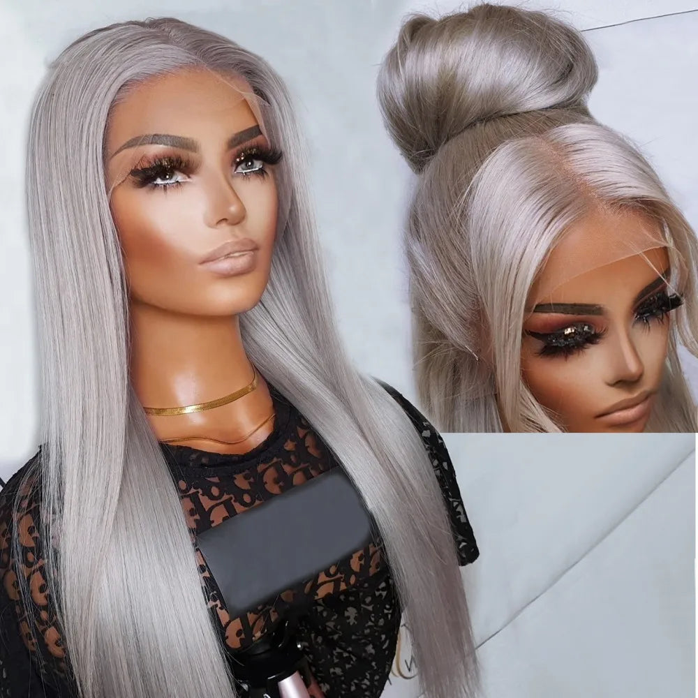 Perruque Lace Front Wig synthétique lisse à reflets blond platine, perruque Lace Frontal Wig 13x4 pouces pour femmes, perruque de couleur Blonde pré-épilée
